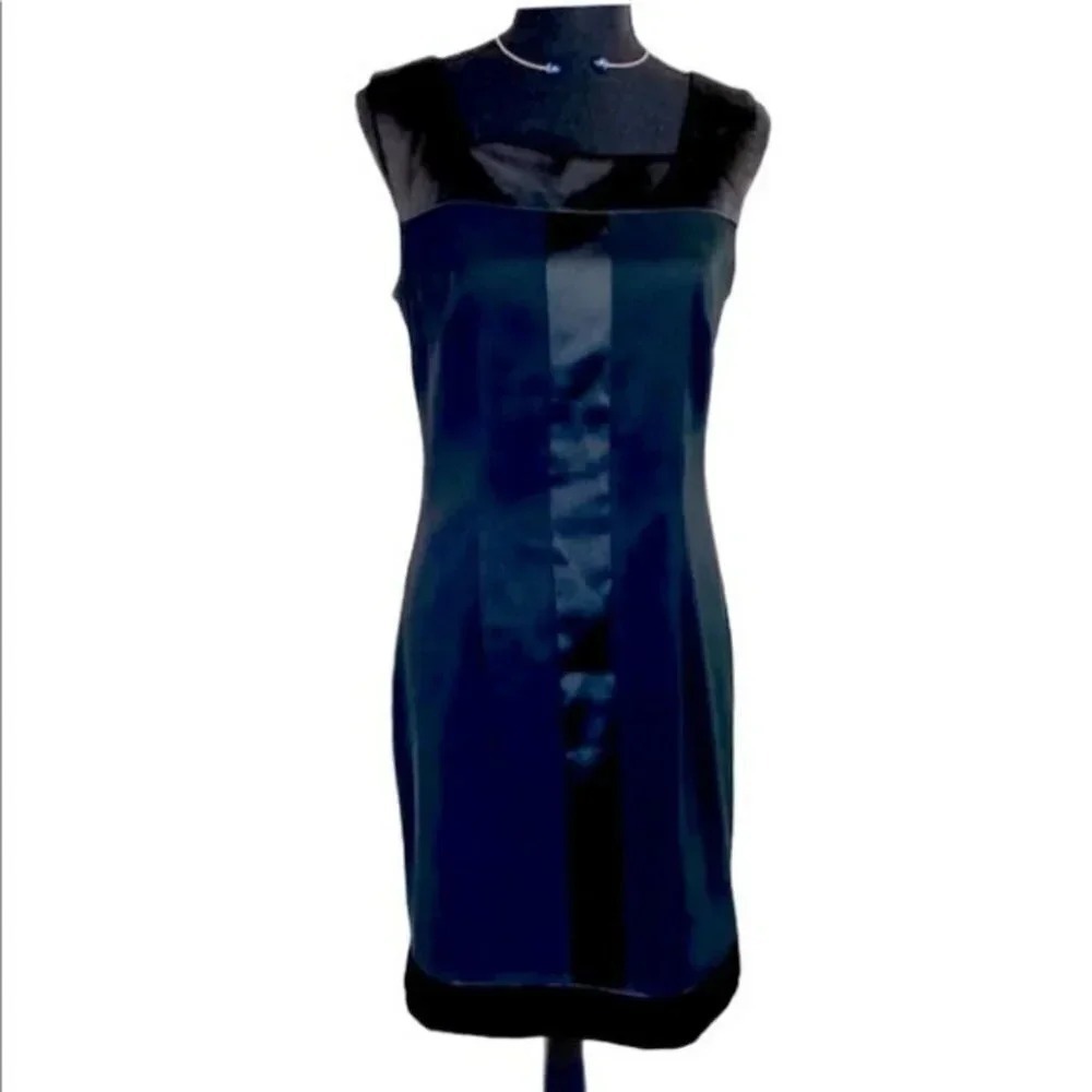 Connected Apparel Sheath Dress 8 Black Satin Velvet Trim Square Neck T7813877M